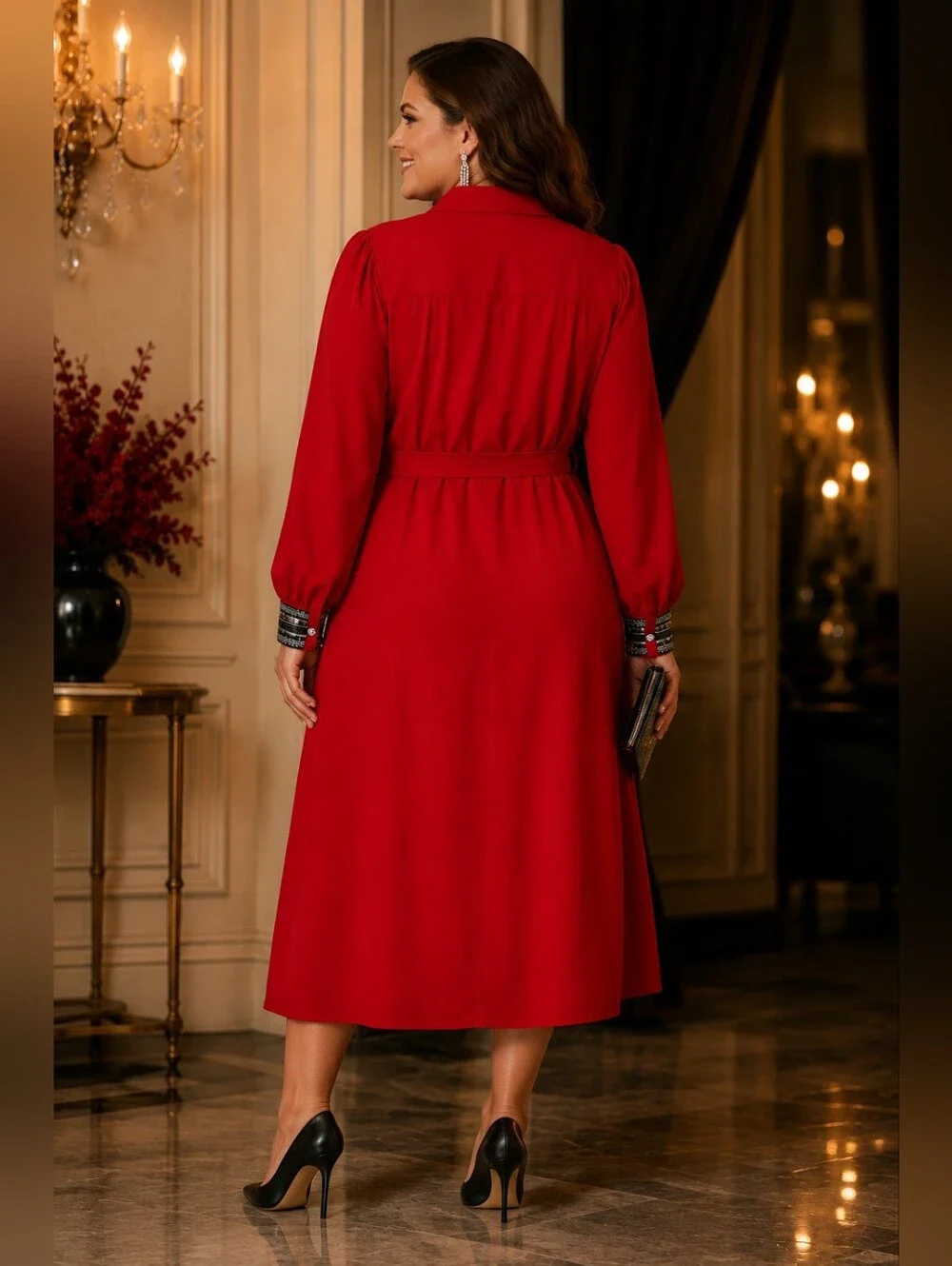 Mlle Gabrielle NWT Red Button Front Midi Dress 2X Embellished Cuffs
